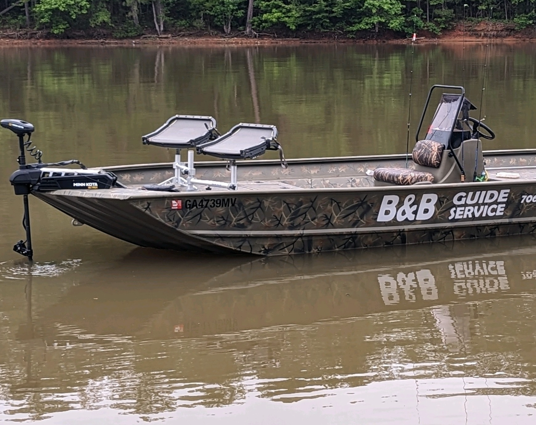 Front of boat in water with words B&B Guide Service